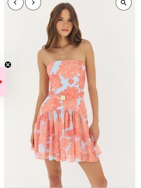 hutch rowyn orange & blue floral strapless drop waist chiffon mini dress small